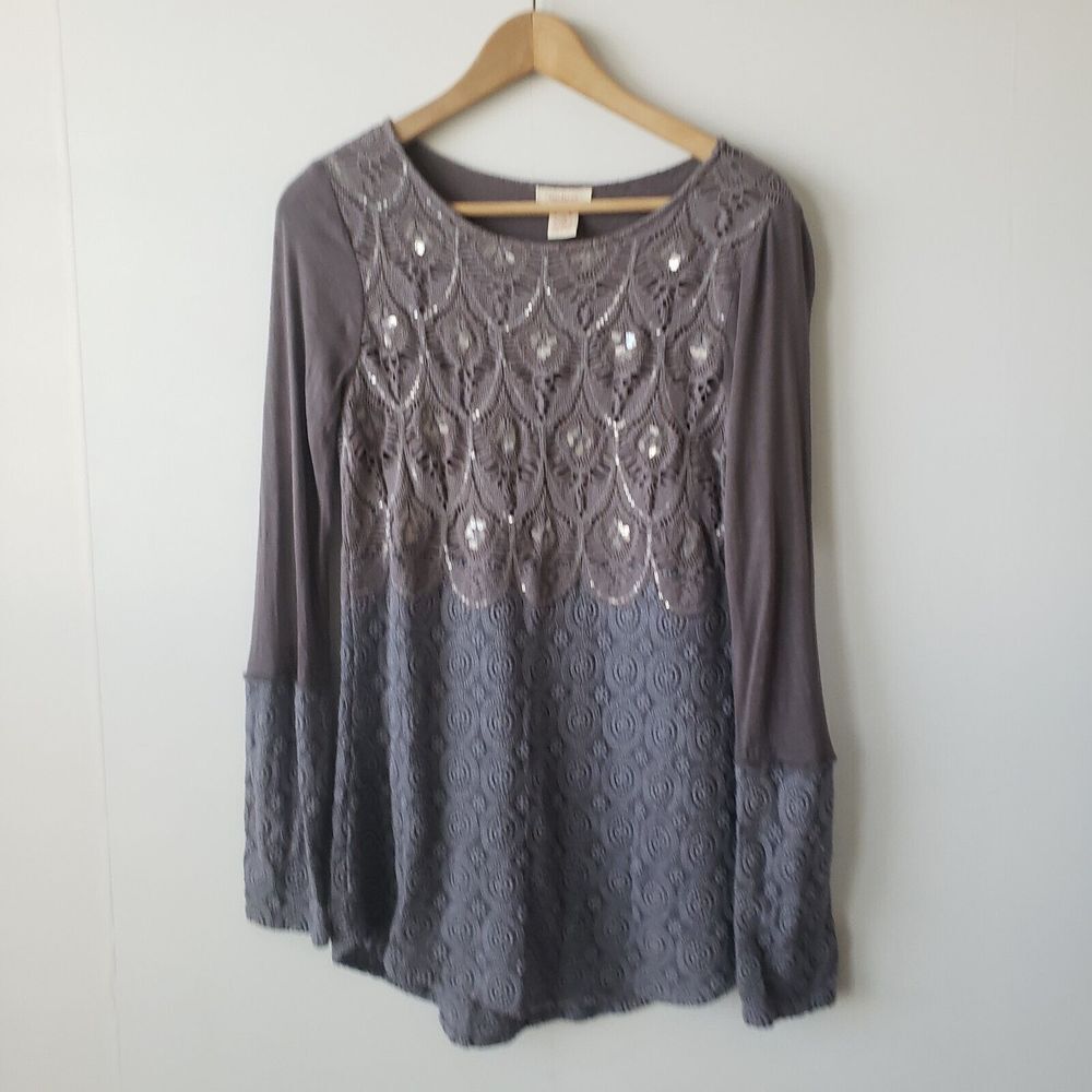 sundance embroidered sequin hi/lo purple gray tunic top size S